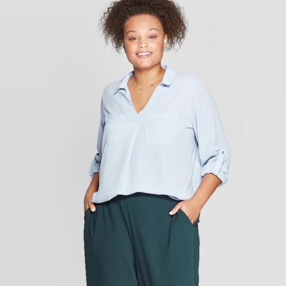Ava & Viv Tops - Ava & Viv NWT Long Sleeve Collared Utility Pocket Shirt in Blue size 2X